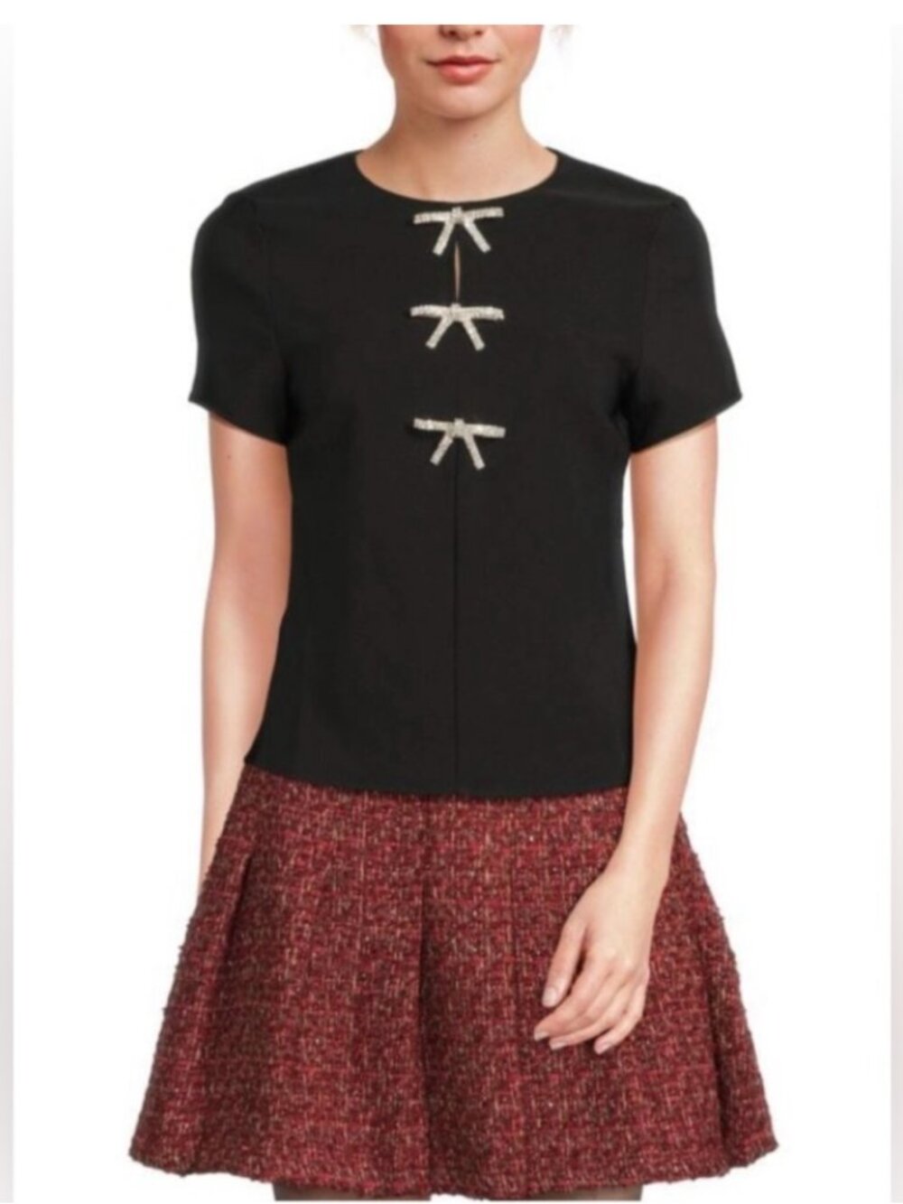 Anthropologie-Dolan Black Tee with Rhinestone Bow Detail